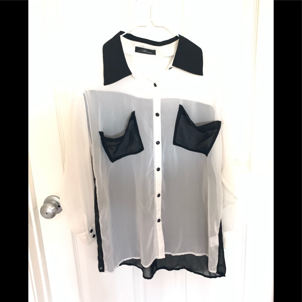 Black white sheer TOP L Long sleeve button